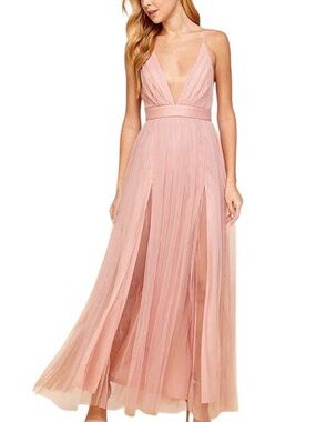 Windsor Elisabeth Pleated Tulle Dress Blush Pink Plunge Maxi Prom Wedding Small